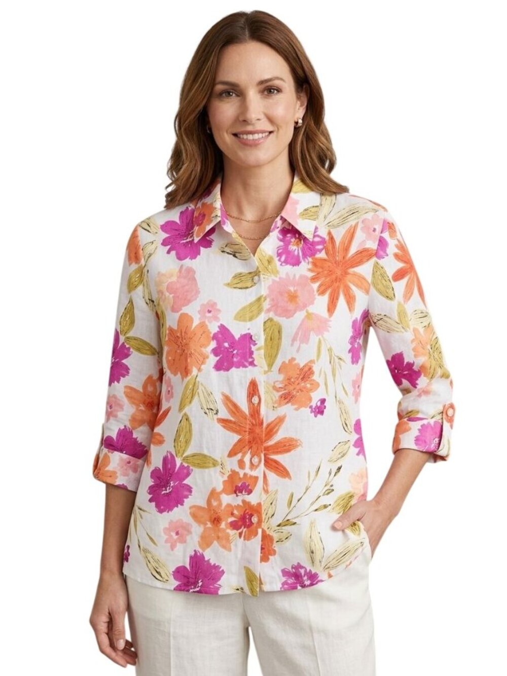 JM Collection Linen Floral 3/4 Sleeve Button Down Blouse Size 18